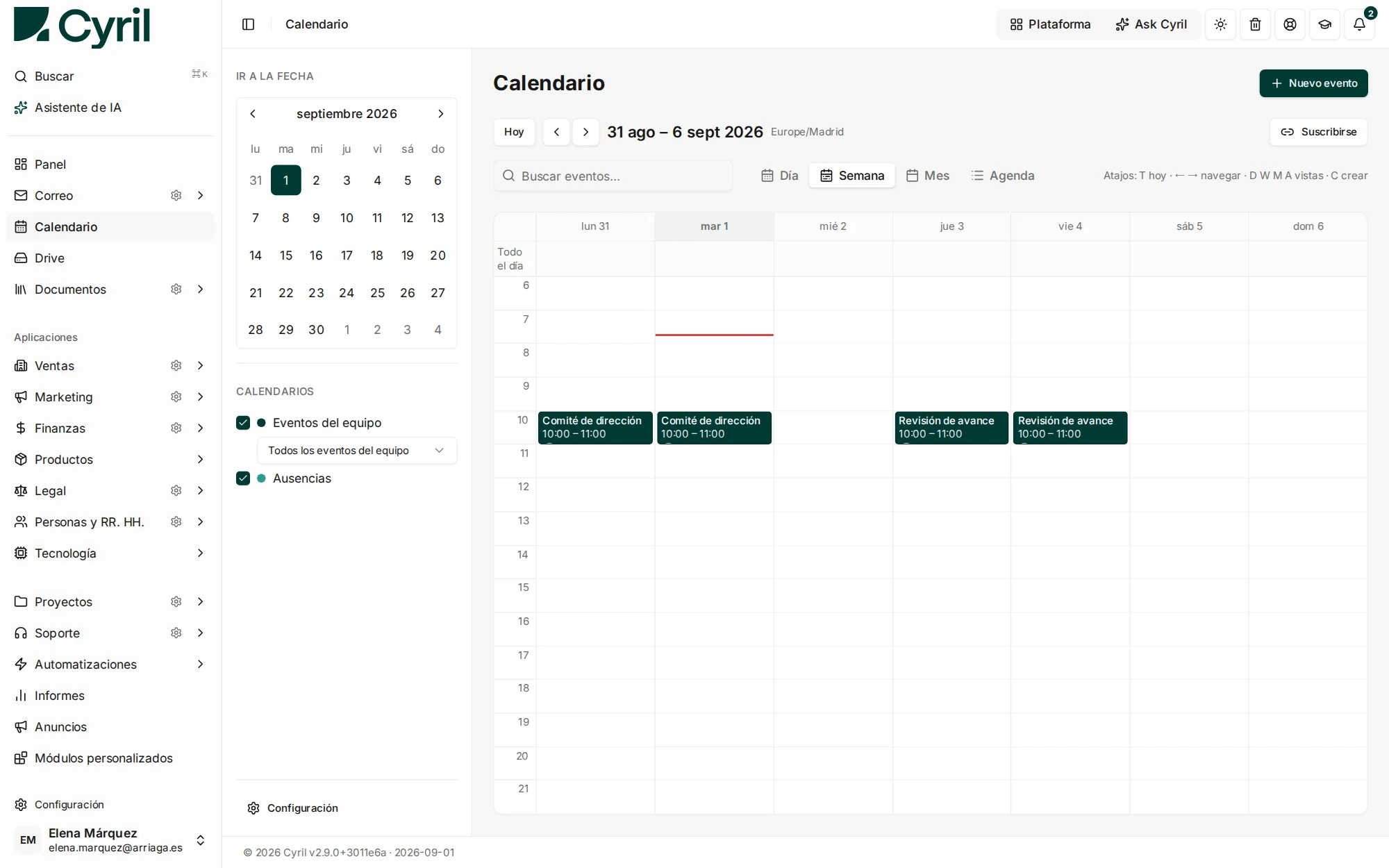 El calendario de Cyril en vista semanal, con los eventos del equipo y las ausencias junto al resto de la plataforma.