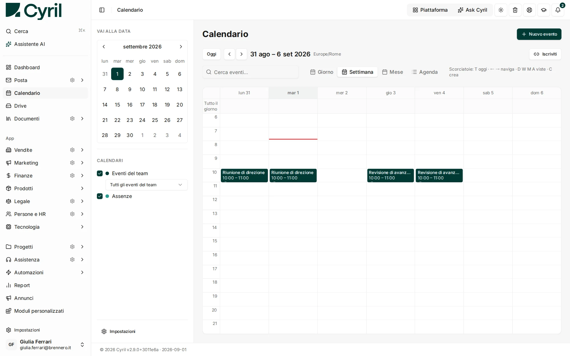 Il calendario di Cyril in vista settimanale, con eventi del team e assenze accanto al resto della piattaforma.