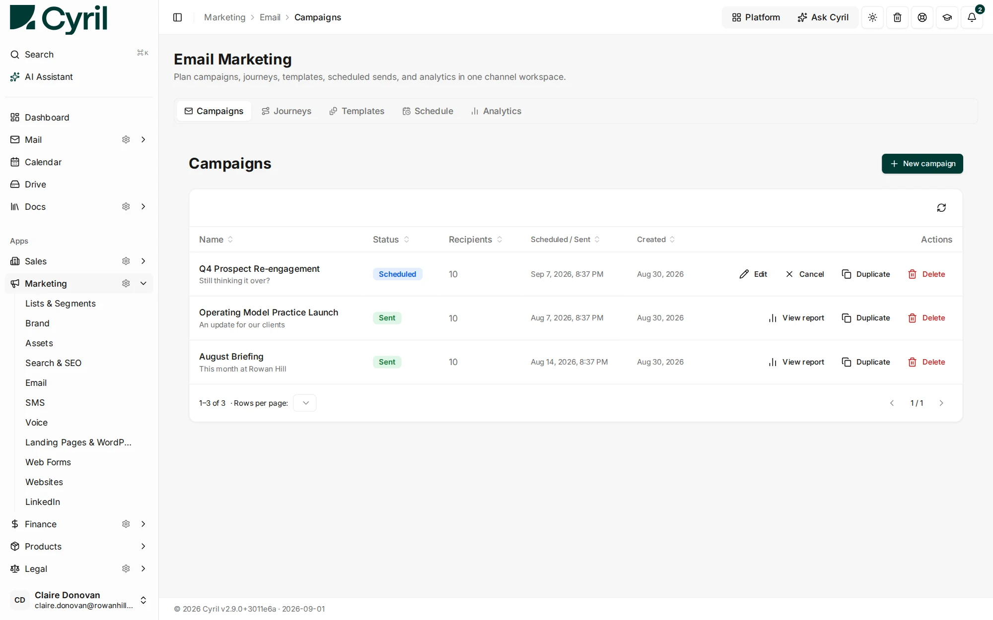 The Cyril email marketing workspace, showing campaigns with their status, recipient count and send dates.