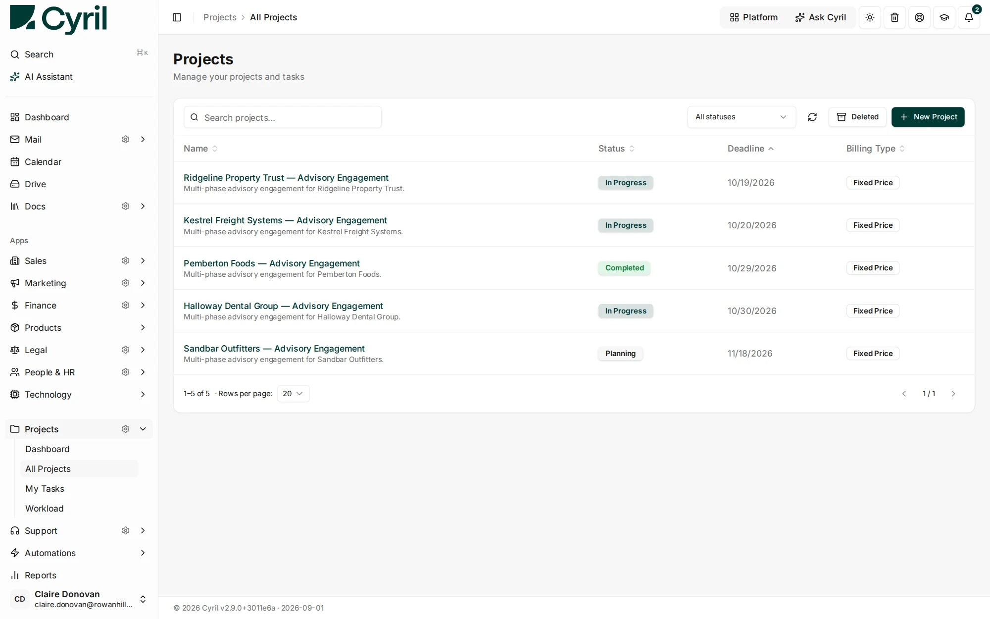 The Cyril Projects list, showing client engagements with their status, deadline and billing type.