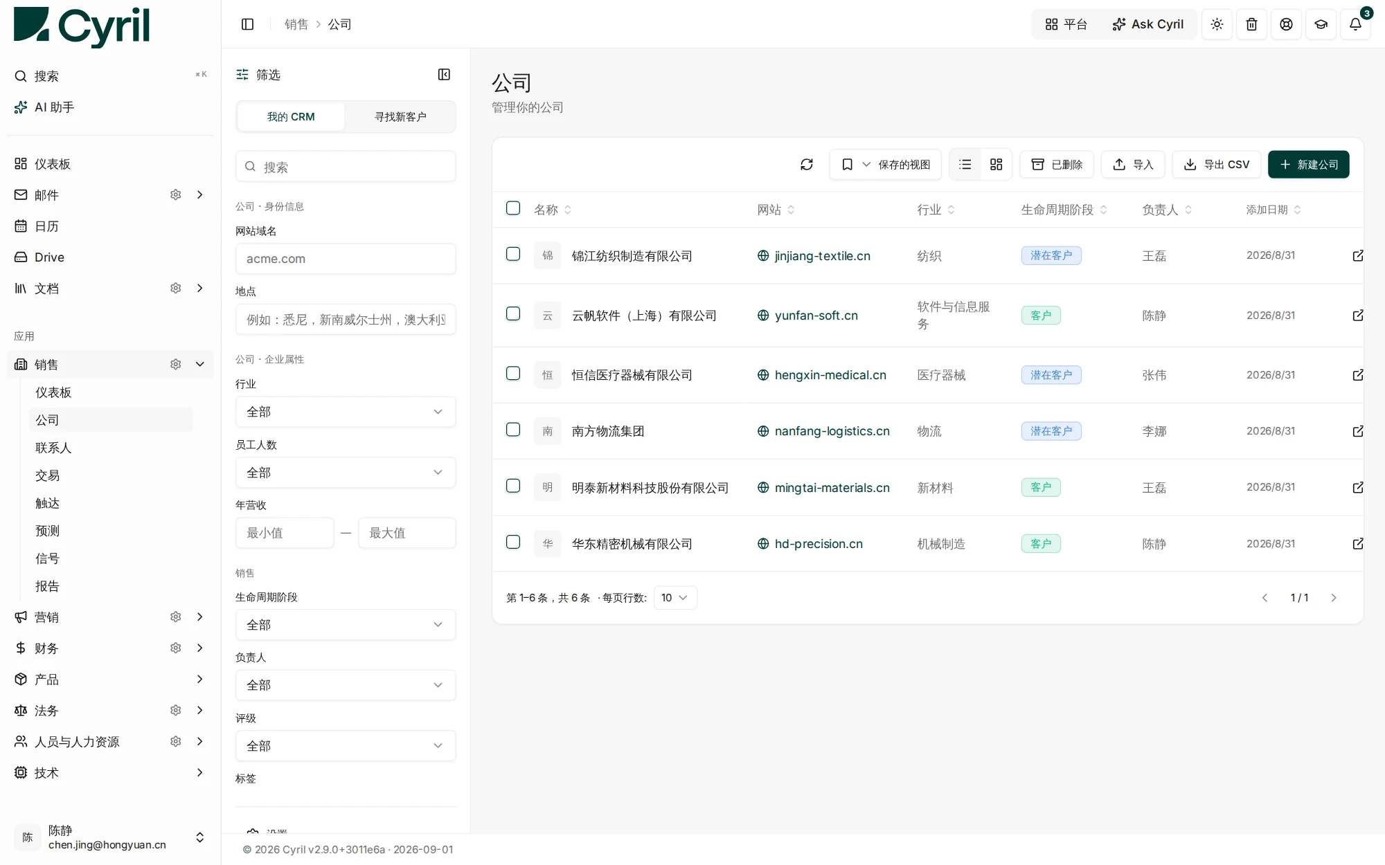 Cyril 销售模块的公司列表,每个客户都显示所属行业、生命周期阶段和负责人。