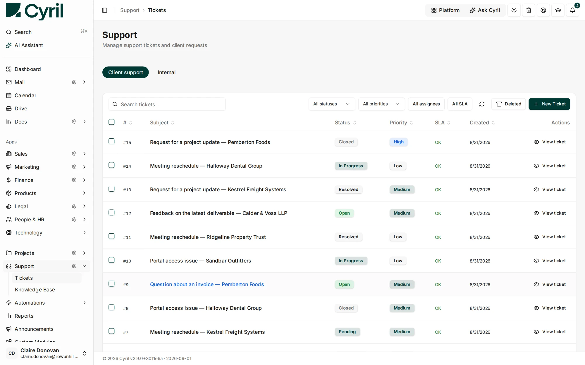 The Cyril Support ticket queue, showing each ticket's status, priority, SLA state and the client it came from.